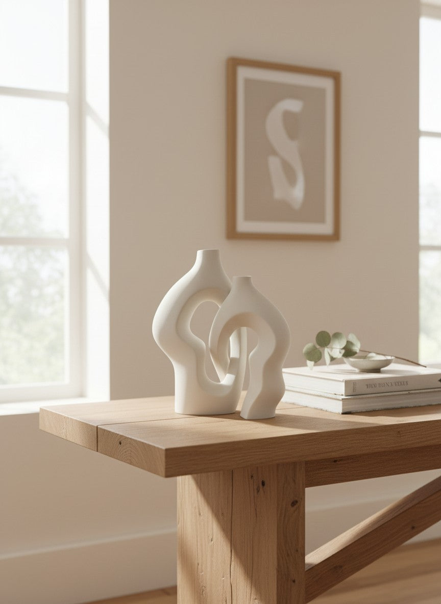Ma boutique duo de vases abstraits blanc cassé en plastique, forme torsadée ajourée, style moderne. H 22,5cm et 18,7cm.