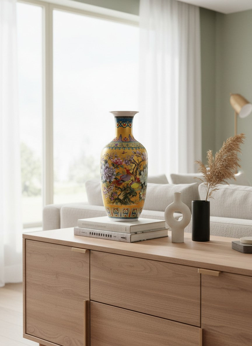 Grand vase chinois en céramique Ma boutique, fond doré orné de motifs floraux et d'oiseaux colorés, style traditionnel.