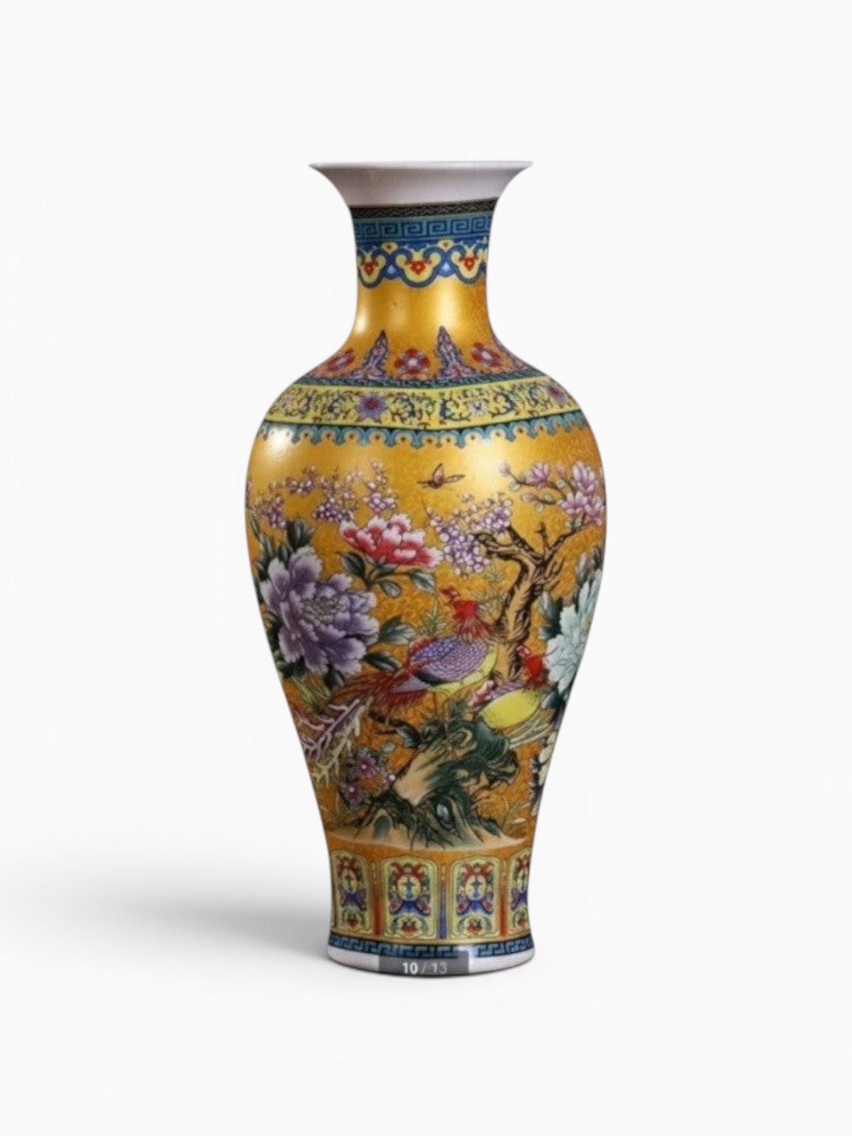Grand vase chinois Ma boutique en céramique jaune orné de motifs floraux et d'oiseaux, finition brillante.