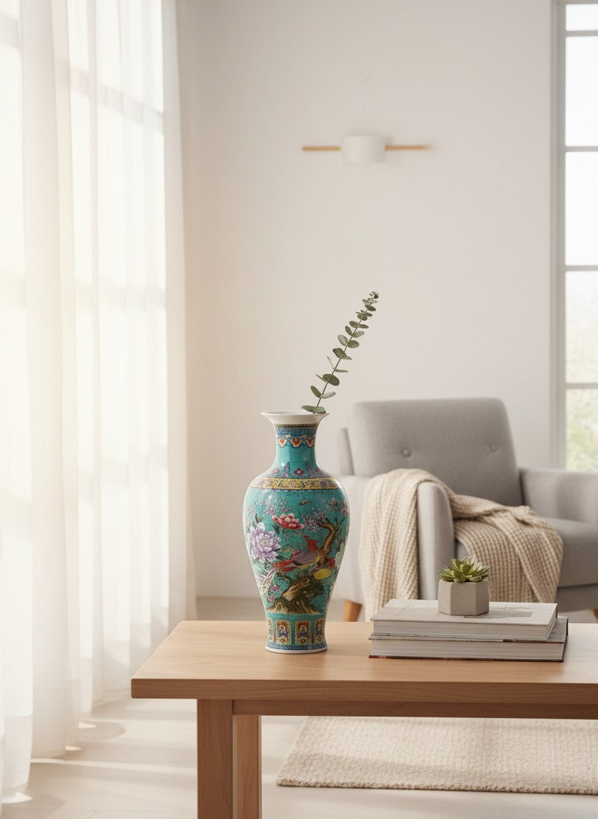 Grand vase chinois en céramique Ma boutique, turquoise avec motifs floraux et oiseaux, finition brillante, style traditionnel.