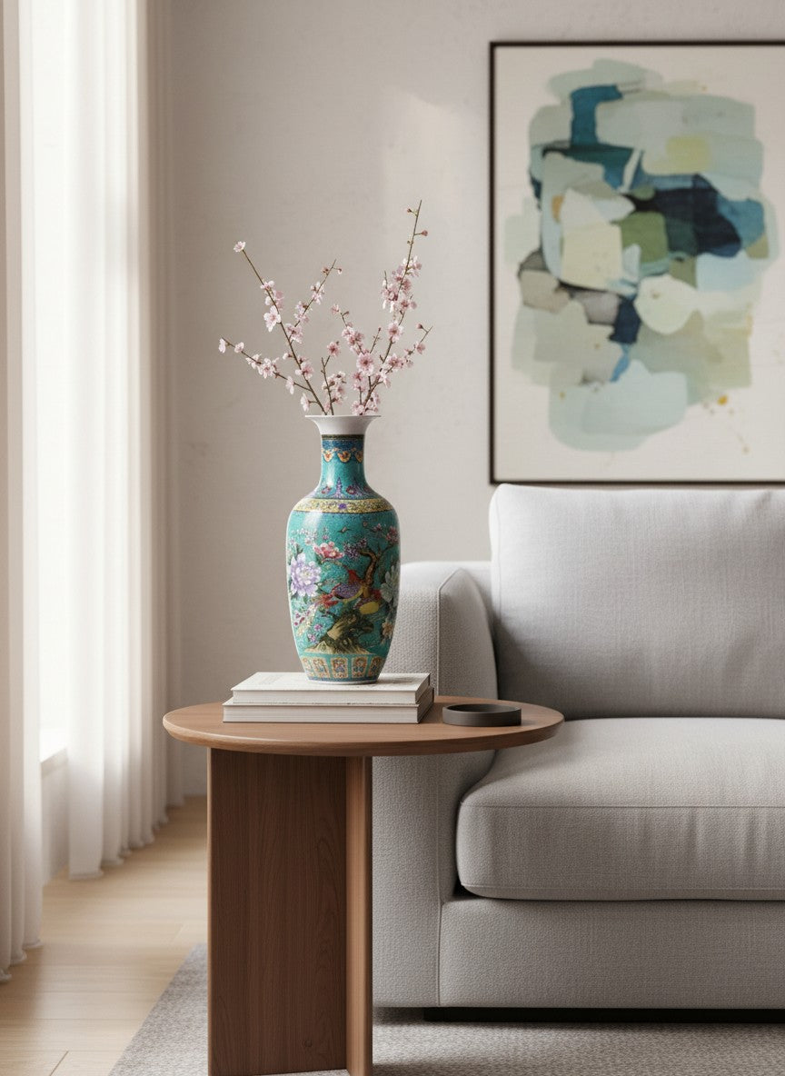 Grand vase chinois en céramique Ma boutique, turquoise avec motifs floraux et oiseaux colorés, finition brillante.