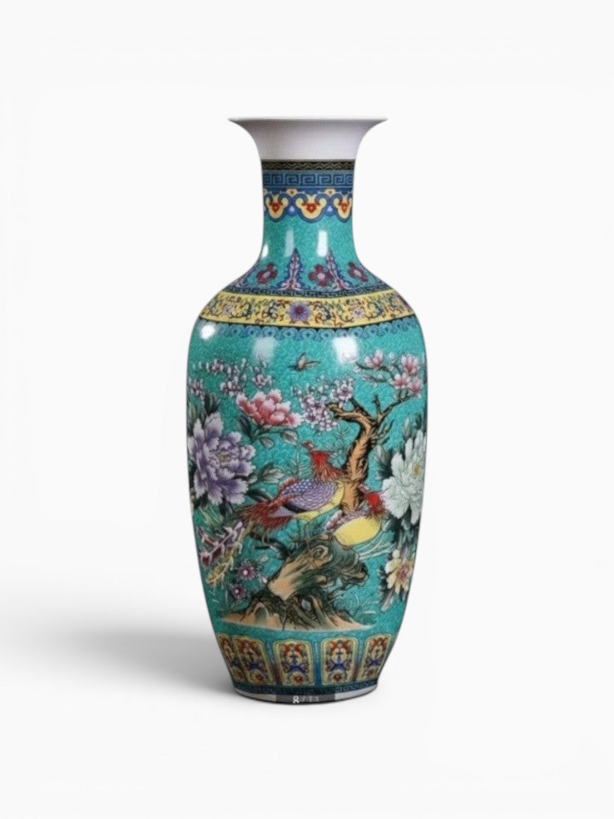 Grand vase chinois en céramique turquoise orné de motifs floraux et d'oiseaux, finition brillante par Ma boutique.