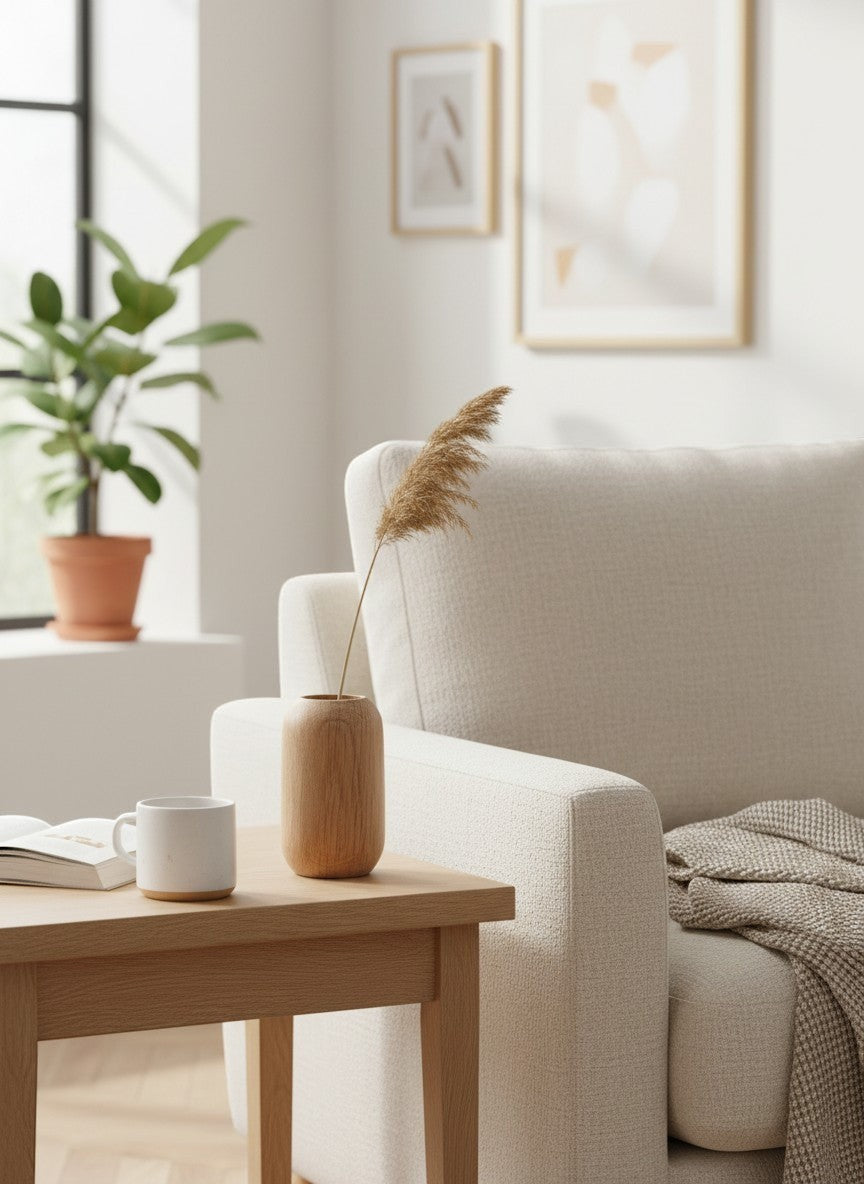 Mini vase en bois naturel Ma boutique, idéal pour fleurs séchées ou comme objet décoratif bohème.