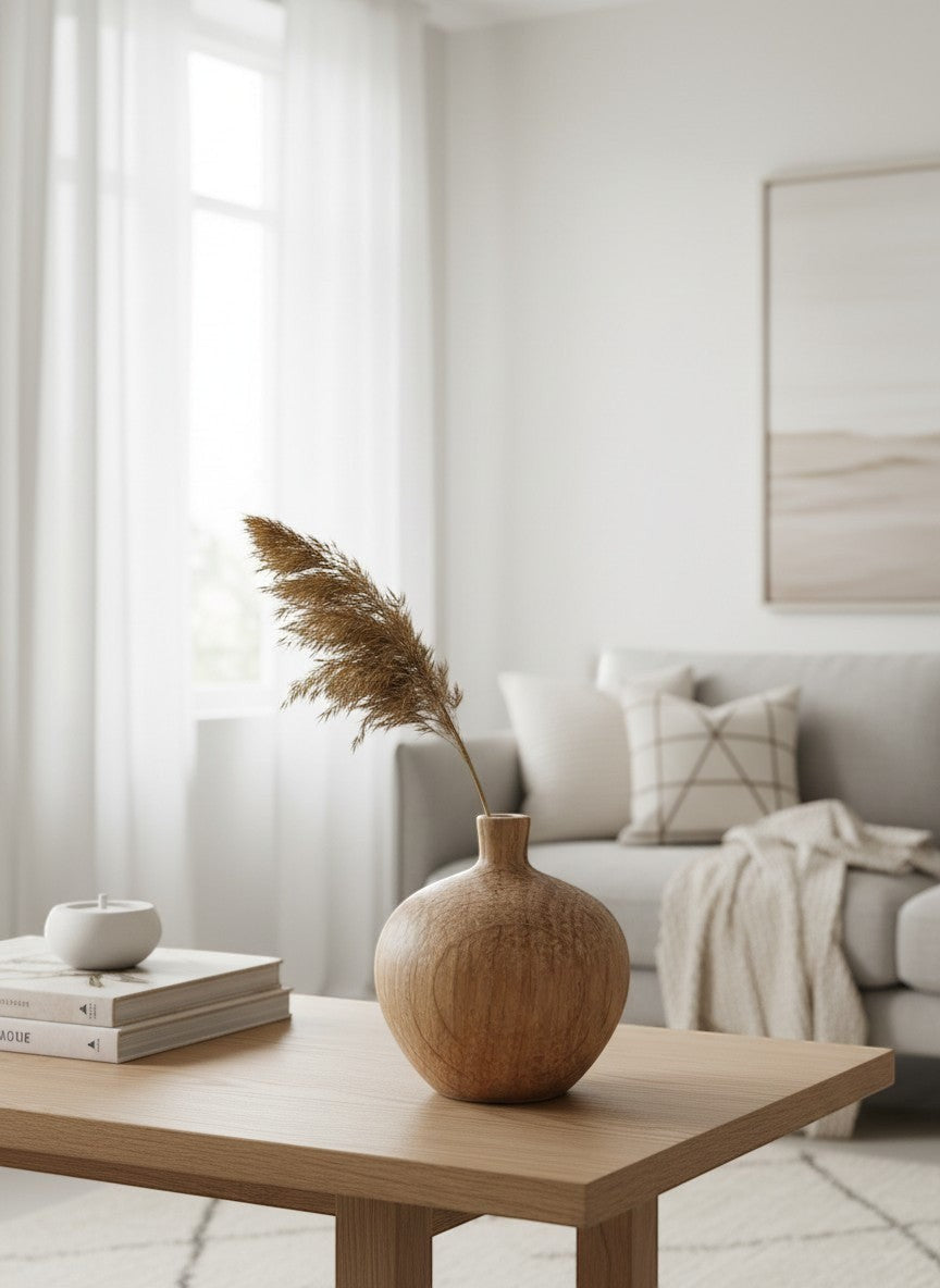 Ma boutique mini vase en bois naturel texturé, style bohème et rustique, idéal pour fleurs séchées.