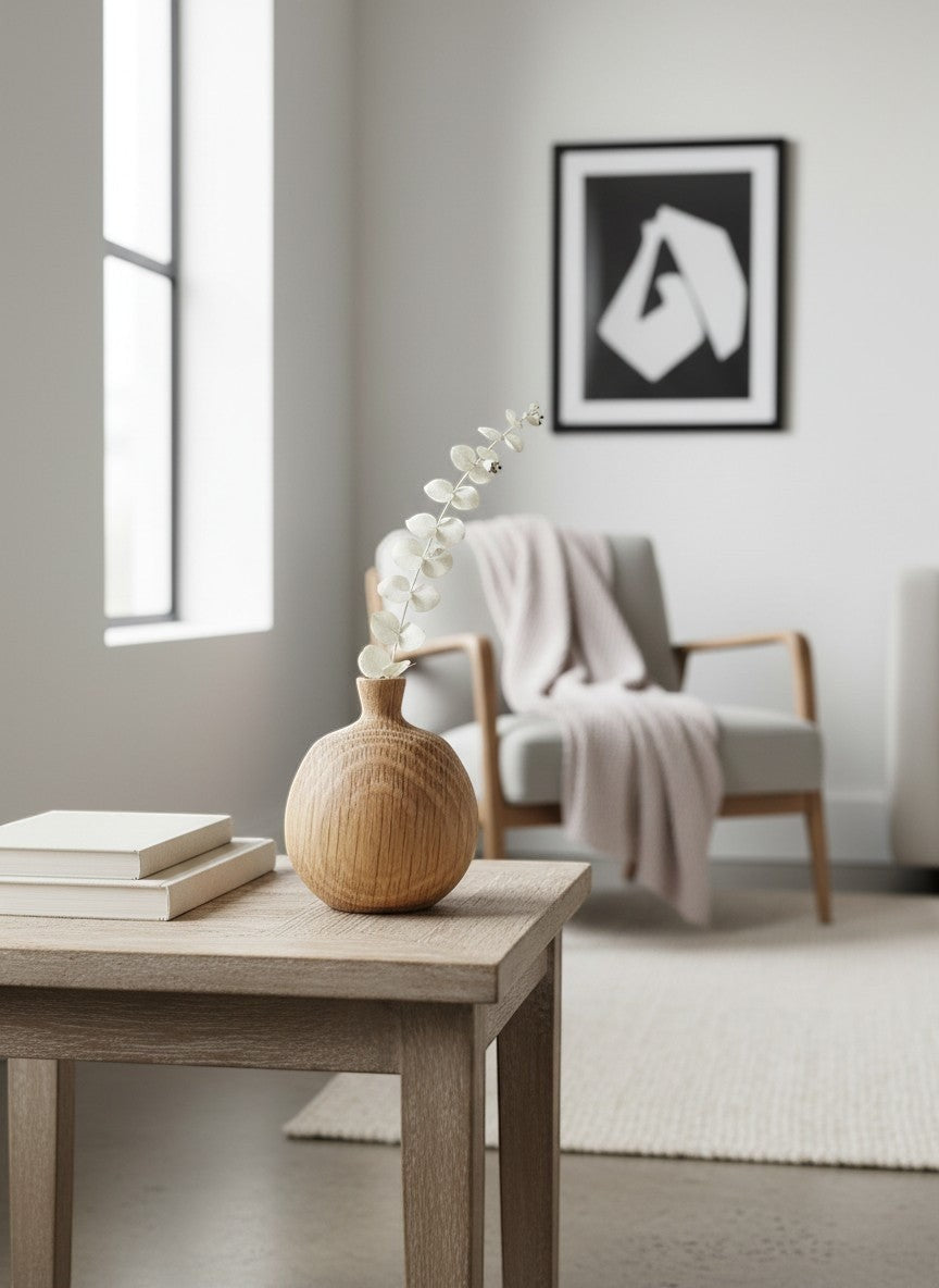 Mini vase en bois naturel Ma boutique avec un design texturé et une forme arrondie, idéal pour la décoration bohème.