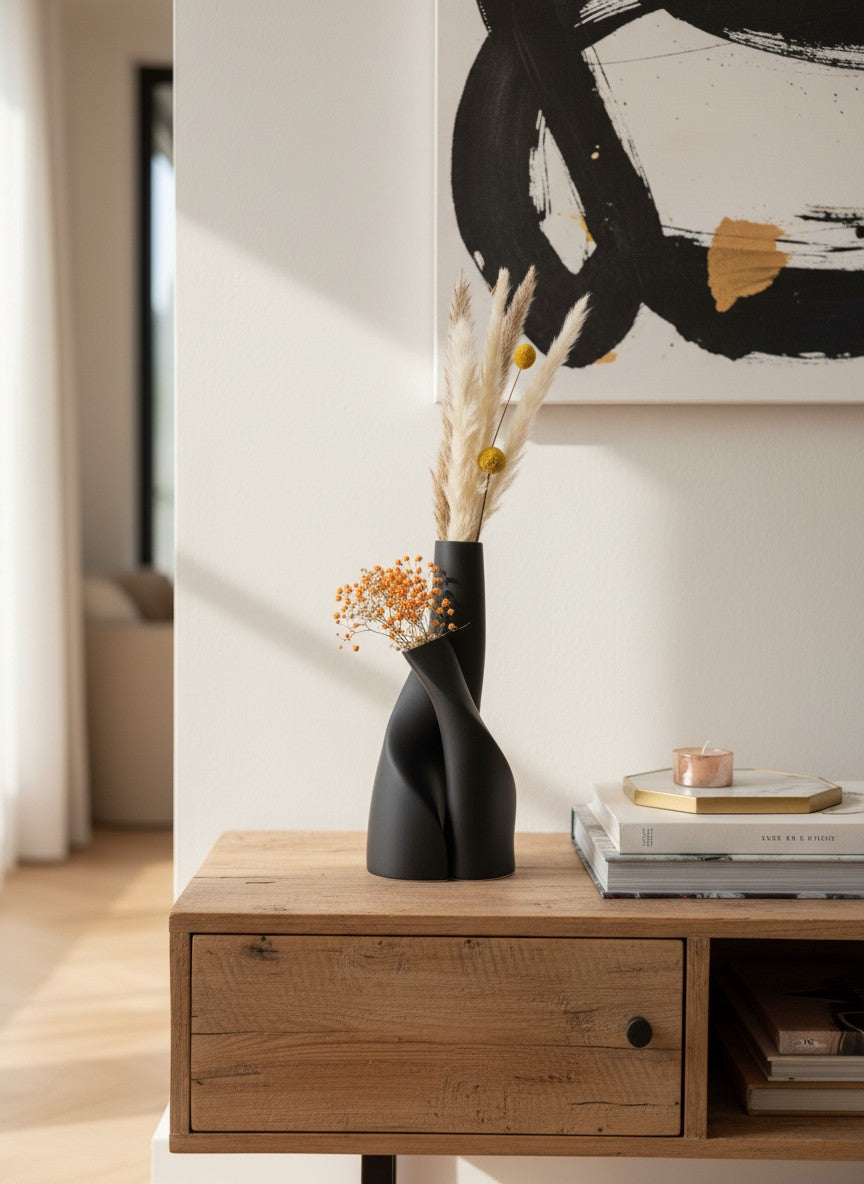 Ma boutique lot de 2 vases torsadés noirs en plastique, forme spéciale, pour fleurs séchées, style moderne
