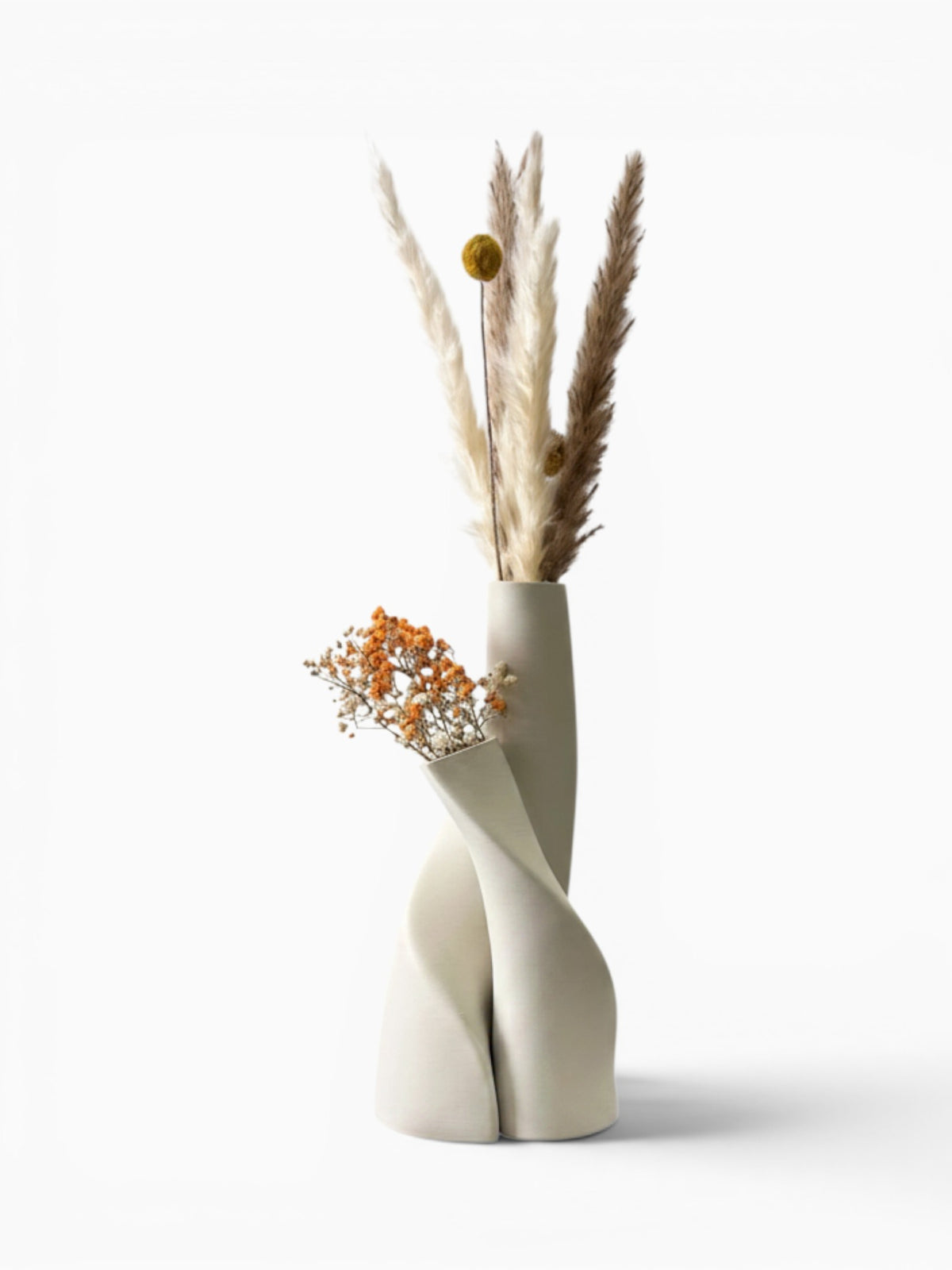 Ma boutique set de 2 vases torsadés en plastique blanc, style moderne, pour fleurs séchées.
