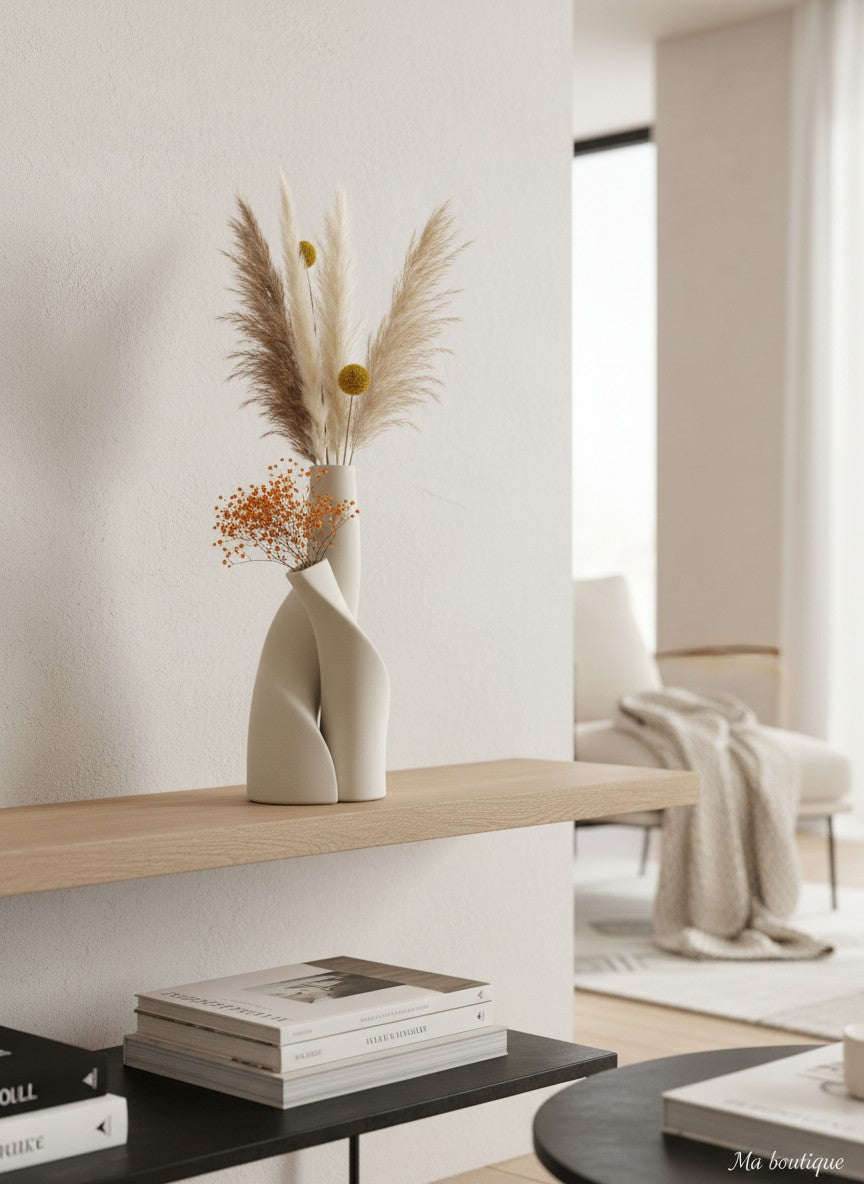 Ma boutique set de 2 vases torsadés modernes en plastique beige avec fleurs séchées