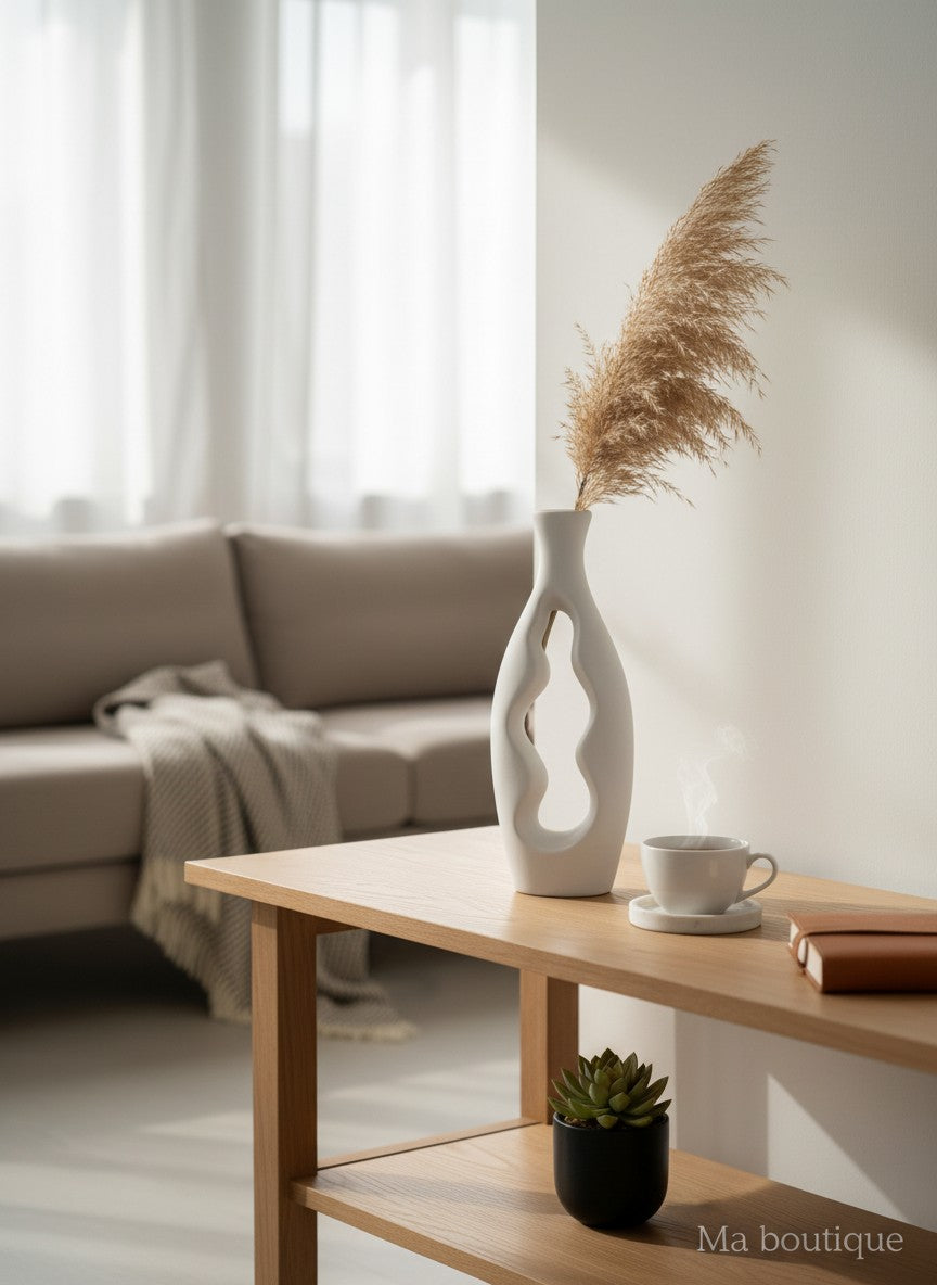 Ma boutique vase abstrait blanc en céramique design évidé, finition mate, objet décoratif moderne