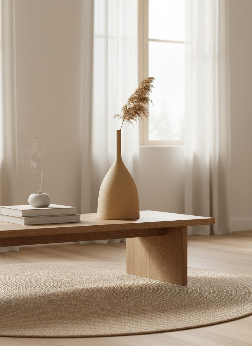 Ma boutique vase en céramique beige style wabi-sabi, décoration intérieure, forme évasée avec col fin.