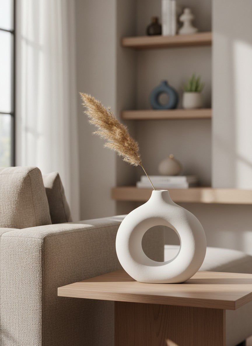 Vase beignet blanc en céramique Ma boutique avec ouverture centrale, design moderne et artistique.