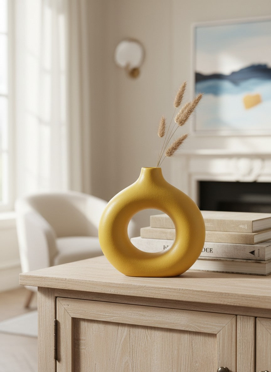 Ma boutique vase beignet jaune en céramique au design moderne et original, parfait pour la décoration.