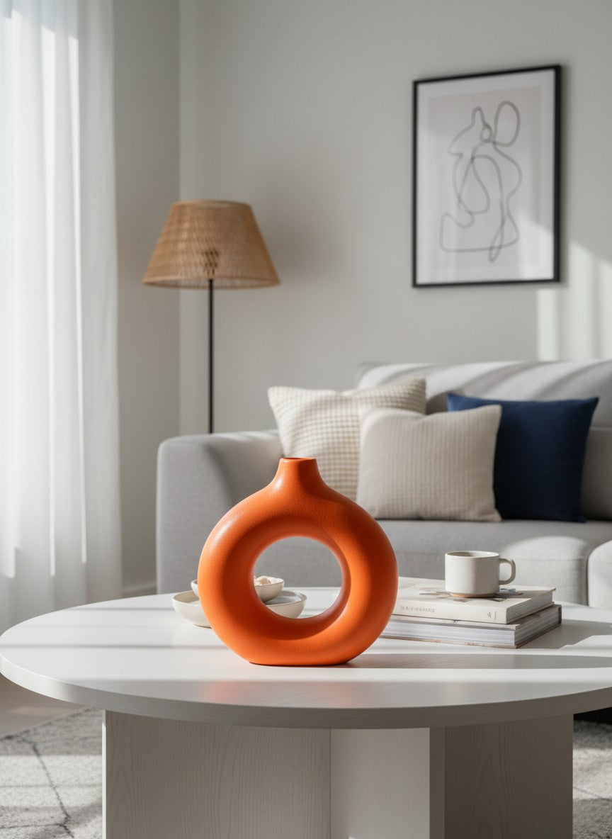 Vase beignet orange en céramique Ma boutique, design moderne avec ouverture centrale, idéal pour fleurs séchées ou décoration.