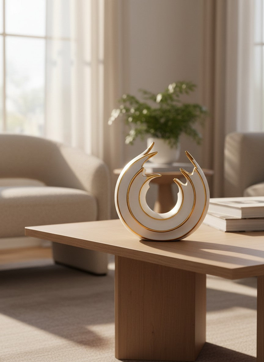 Ma boutique vase rond blanc en céramique avec des accents dorés, design moderne et irrégulier pour la décoration intérieure.