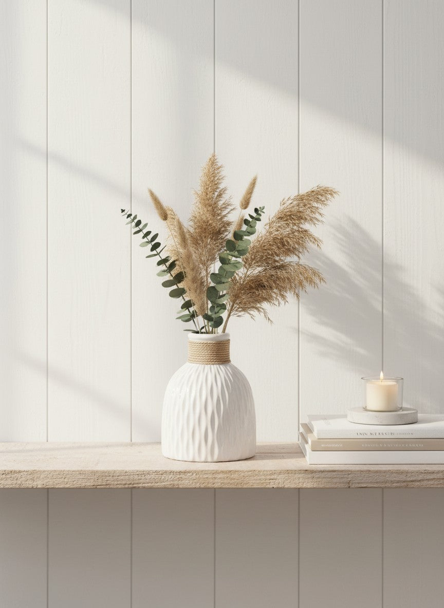 Ma boutique vase blanc texturé en céramique avec corde naturelle, style moderne et bord de mer.