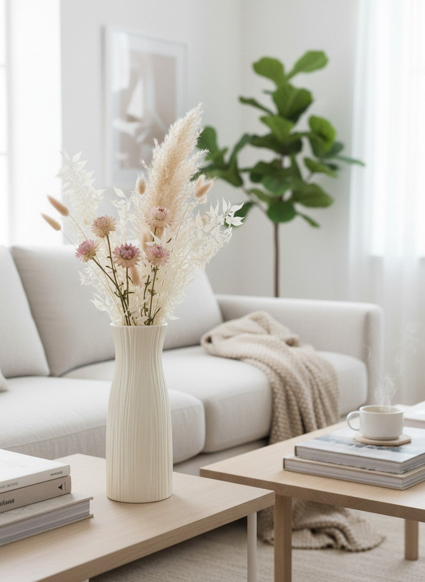 Vase Ma boutique blanc texturé design minimaliste élancé pour fleurs séchées ou bouquets décoratifs