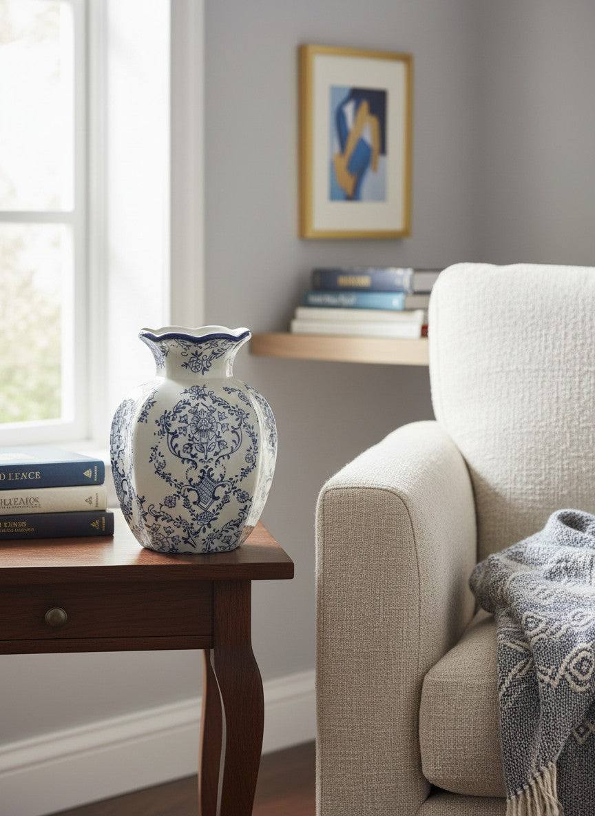 Vase Ma boutique en poterie blanche et bleue avec motif floral traditionnel, bordure festonnée.