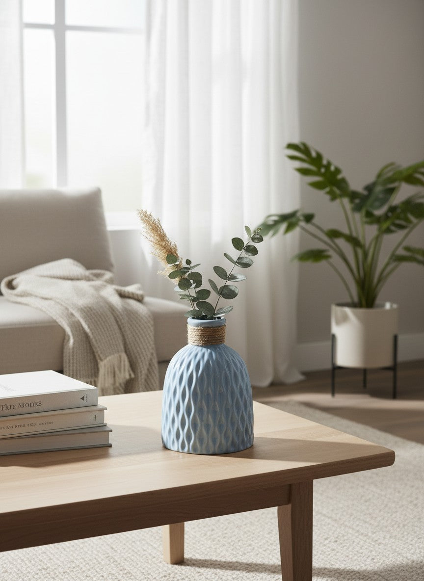 Ma boutique vase bleu texturé moderne avec cordelette, finition brillante et reliefs verticaux.
