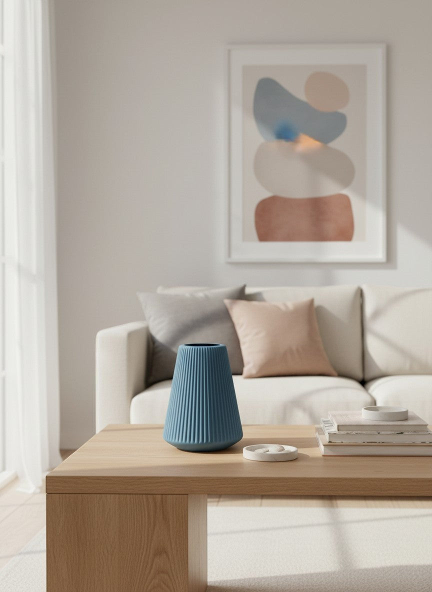 Vase décoratif Ma boutique bleu texturé avec des côtes verticales, idéal pour fleurs séchées ou bouquets.