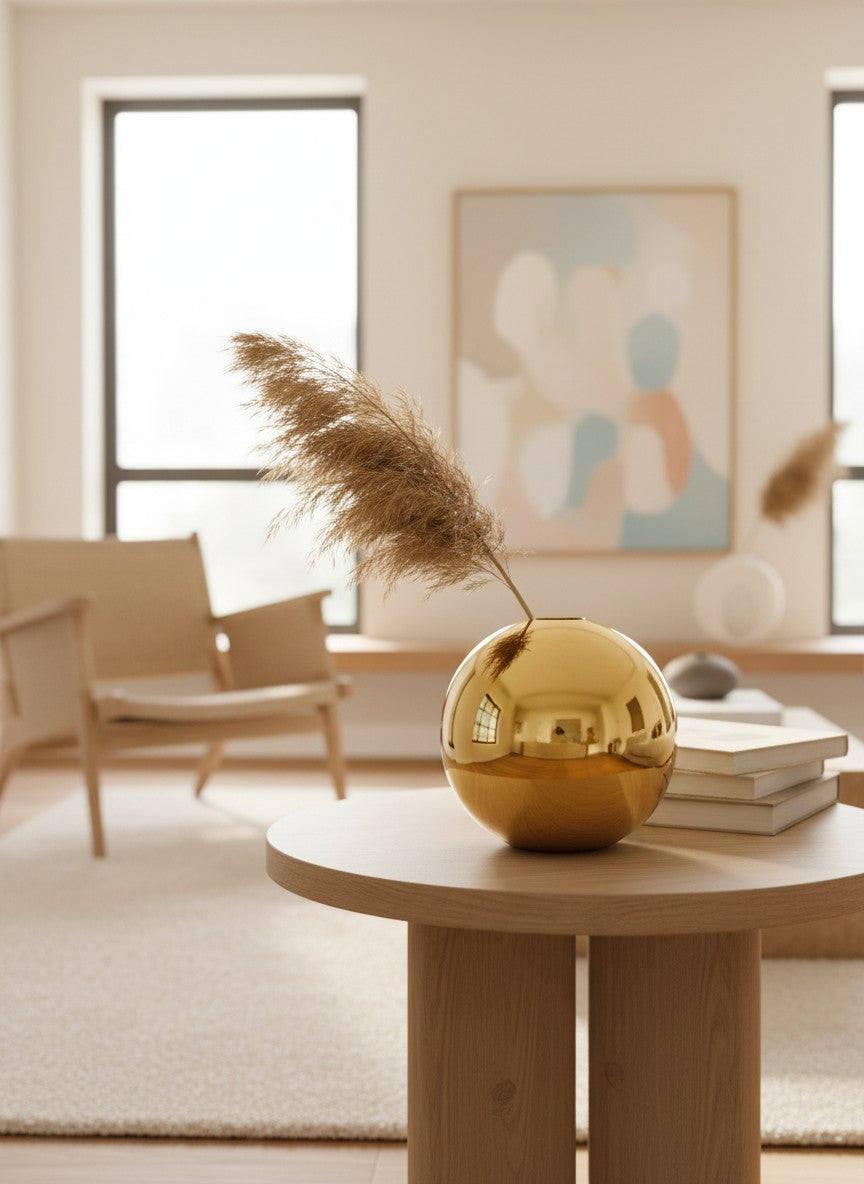 Vase boule doré en céramique Ma boutique, design moderne et brillant, idéal pour salon ou entrée.