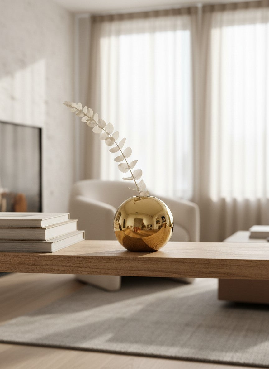 Vase boule doré en céramique Ma boutique, design moderne et brillant, idéal pour fleurs séchées ou comme objet décoratif.