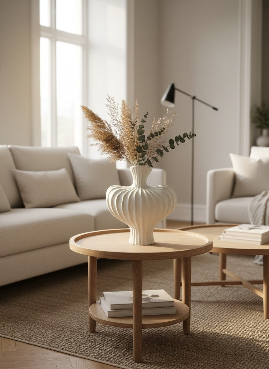 Vase en céramique blanc mat Ma boutique avec design organique et rainures texturées. Style moderne.