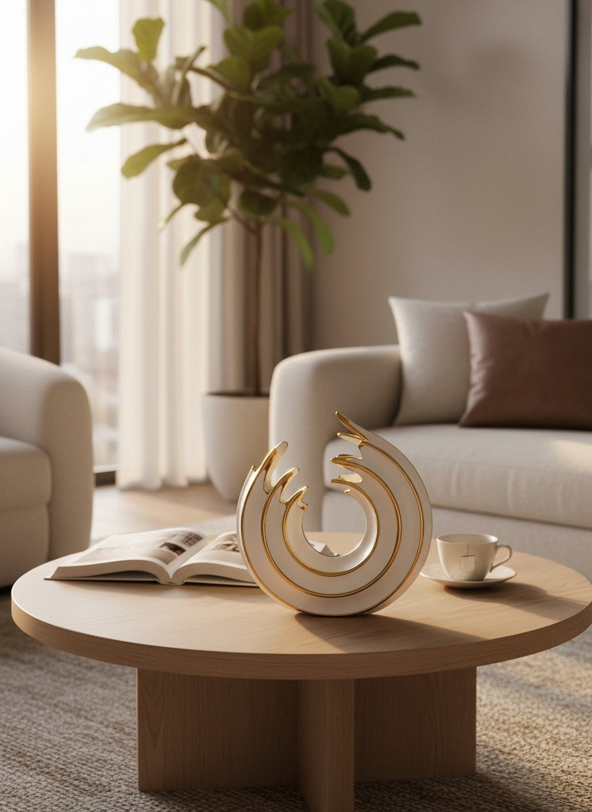 Ma boutique vase rond moderne en céramique blanche et dorée, design irrégulier pour arrangement floral.