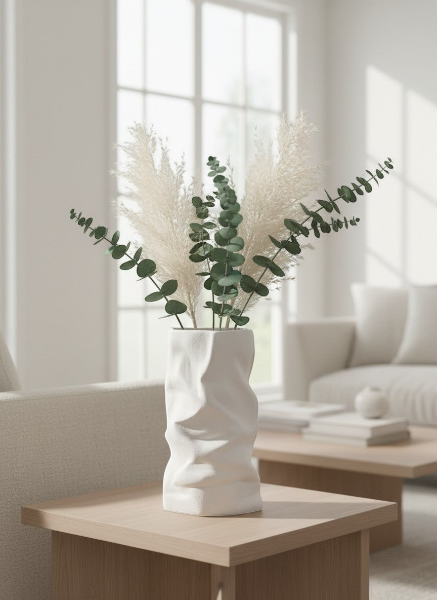 Ma boutique vase blanc texturé en céramique, forme froissée moderne, finition mate, 17.5cm H x 10cm L