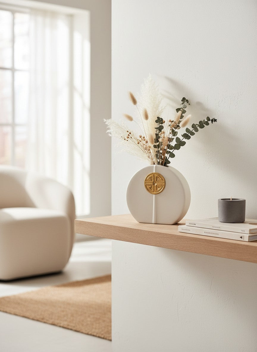Ma boutique vase galet blanc en céramique avec un emblème doré au centre, finition mate, style minimaliste.
