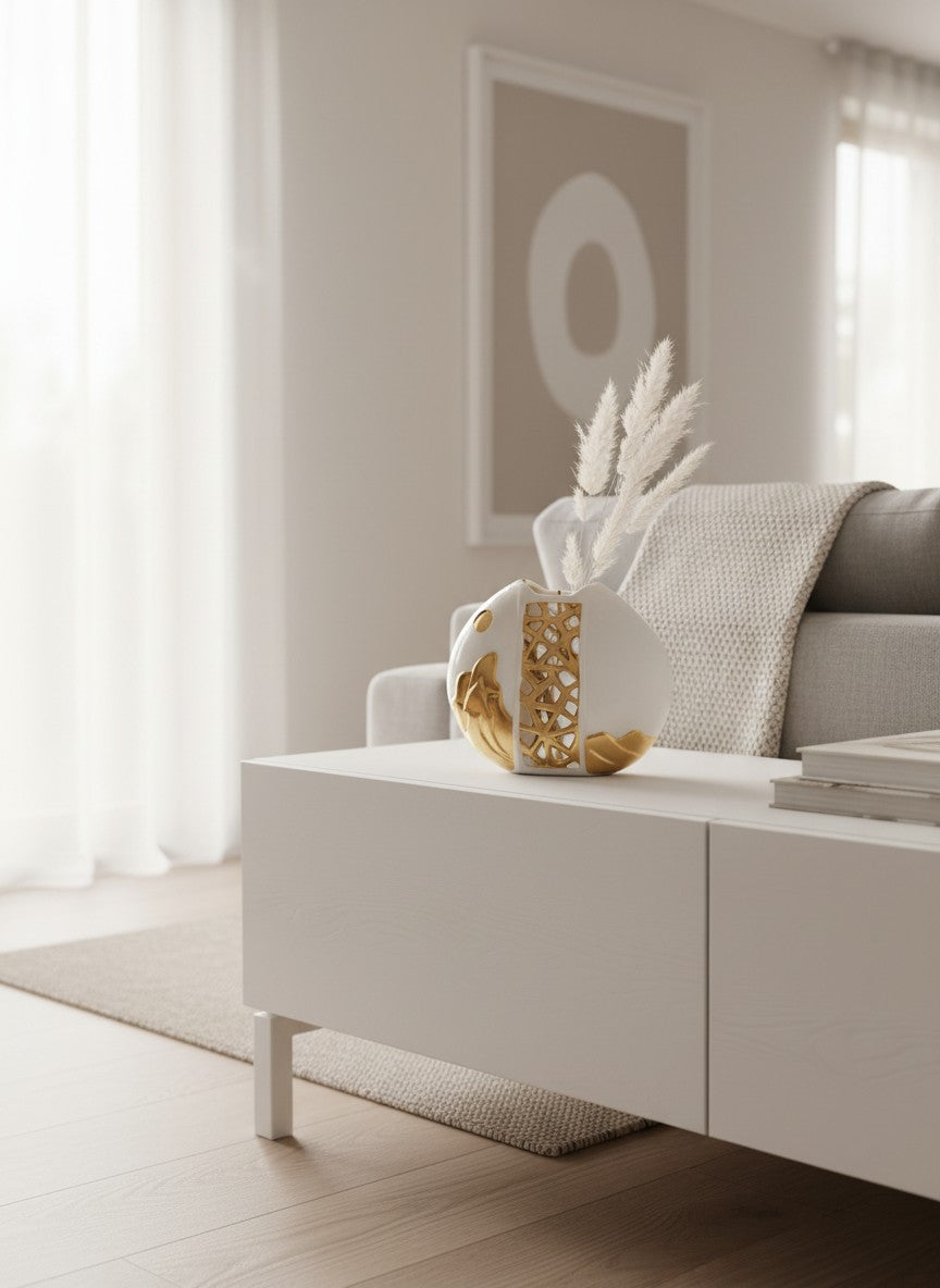 Vase galet blanc en céramique Ma boutique avec découpe dorée géométrique, style moderne et minimaliste.