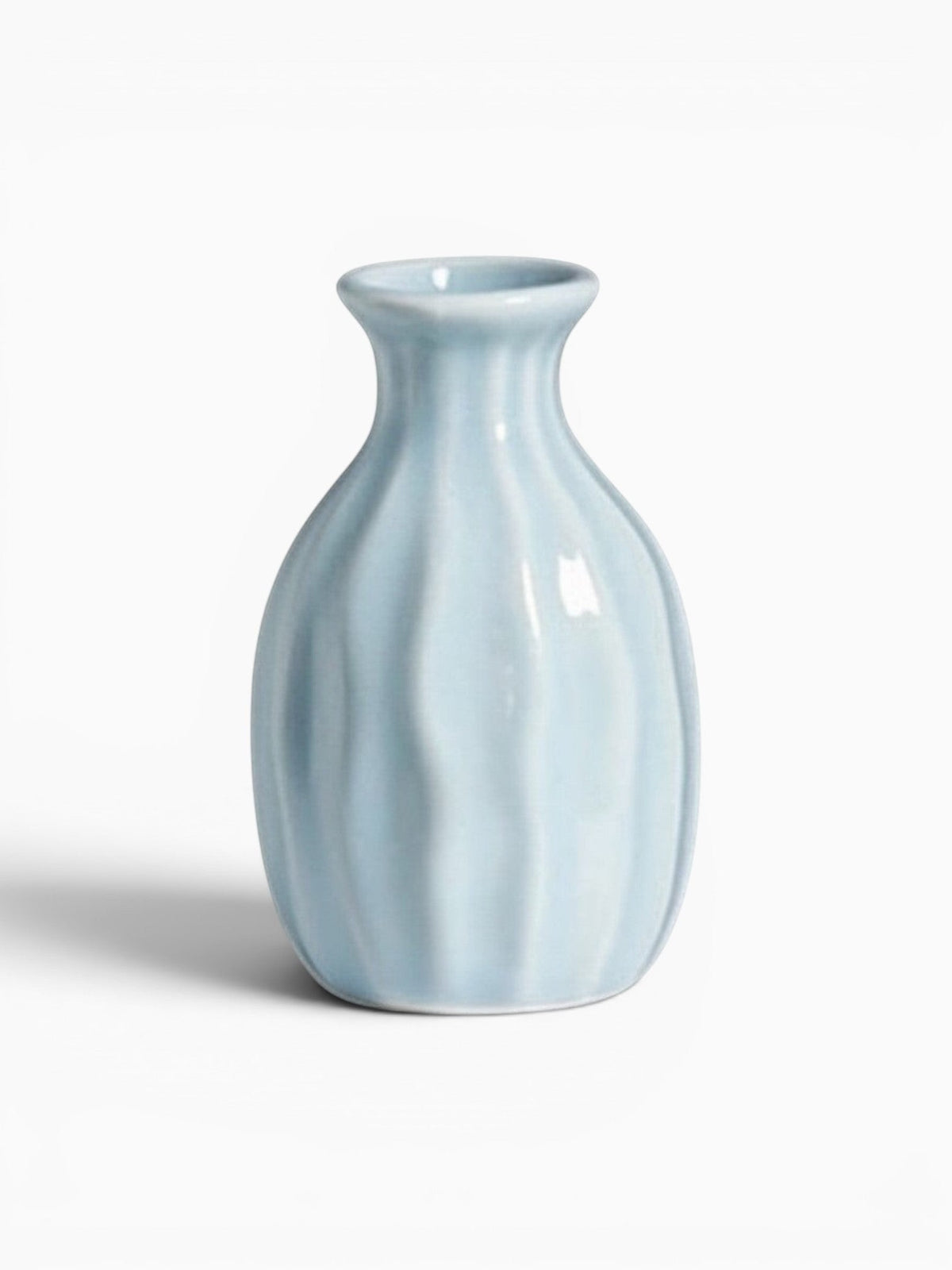 Ma boutique mini vase en céramique bleu ciel avec un design côtelé moderne, idéal pour petites fleurs séchées.