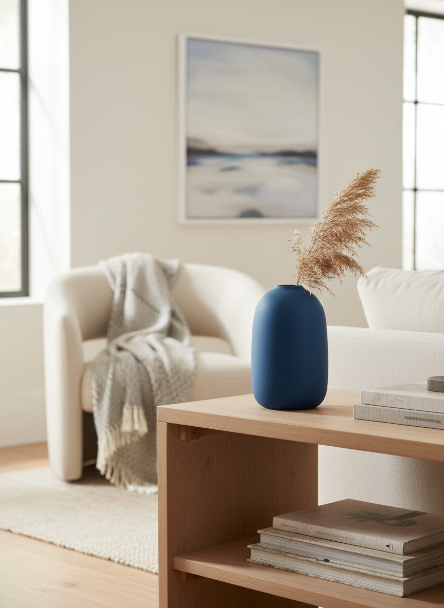 Ma boutique vase en céramique bleu mat, forme arrondie moderne, idéal pour fleurs séchées ou composition.