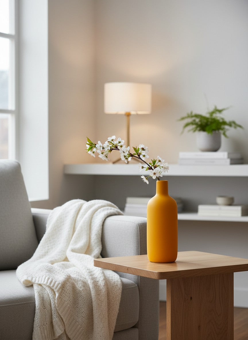 Ma boutique vase en céramique jaune moderne et bohème, idéal pour fleurs séchées ou artificielles.