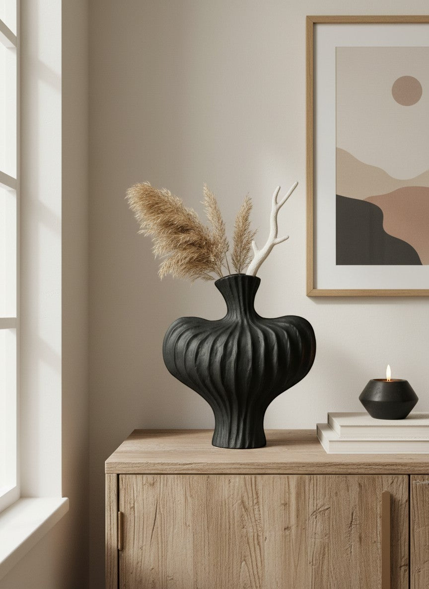 Vase en céramique noir mat Ma boutique design organique avec rainures texturées