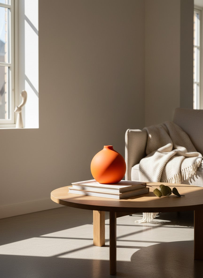 Vase Ma boutique en céramique orange, style moderne et bohème, idéal pour fleurs séchées ou artificielles.
