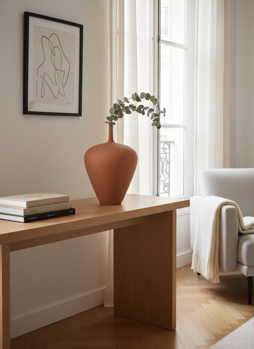 Vase en céramique mate Ma boutique, forme unique, couleur terre cuite, idéal pour décoration intérieure.