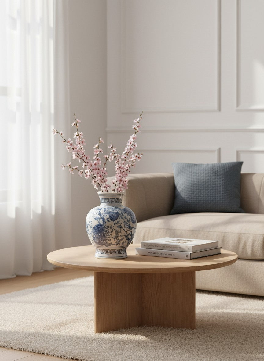 Vase chinois en céramique Ma boutique bleu et blanc avec motif floral et bordure grecque