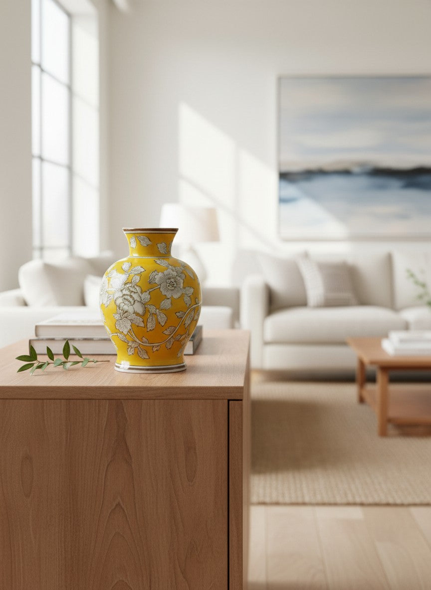 Vase chinois en céramique jaune Ma boutique avec motif floral blanc et marron, finition brillante.