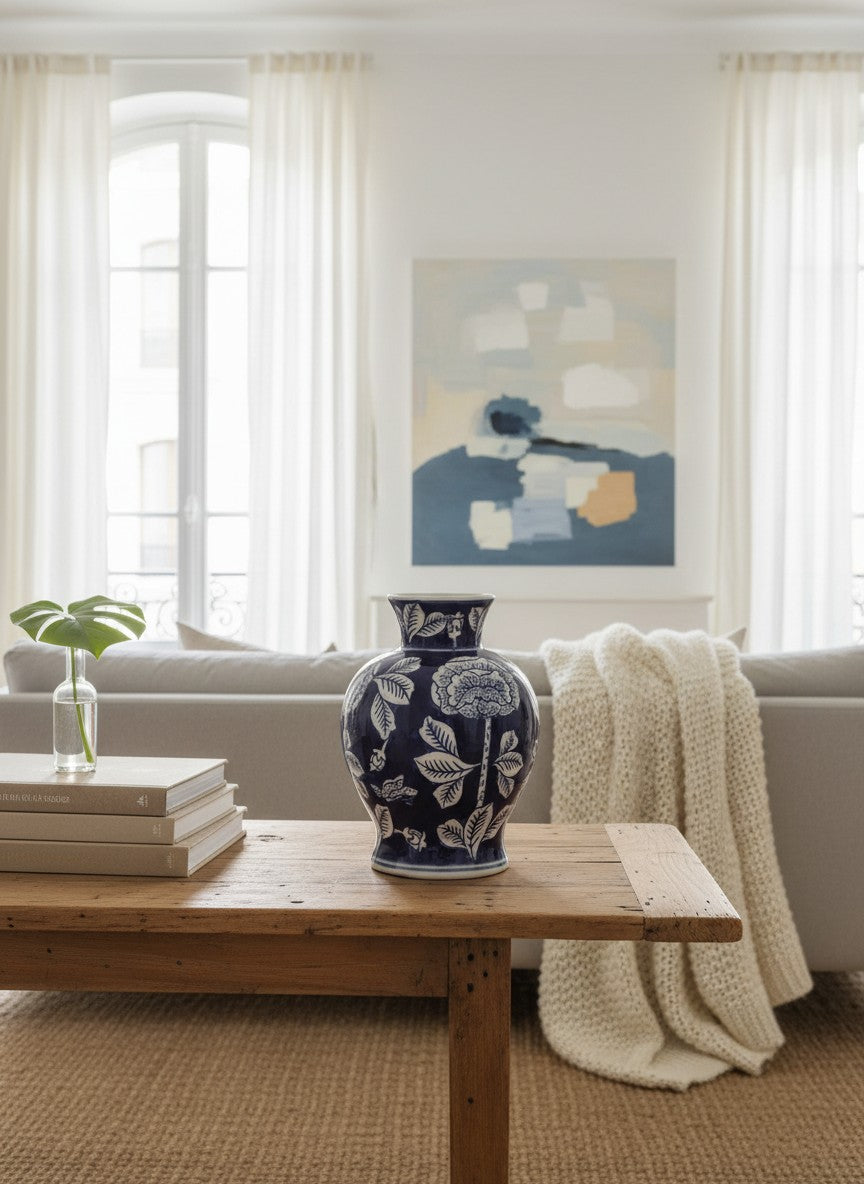 Vase chinois en céramique Ma boutique bleu et blanc avec motif floral traditionnel. Parfait pour la décoration intérieure.