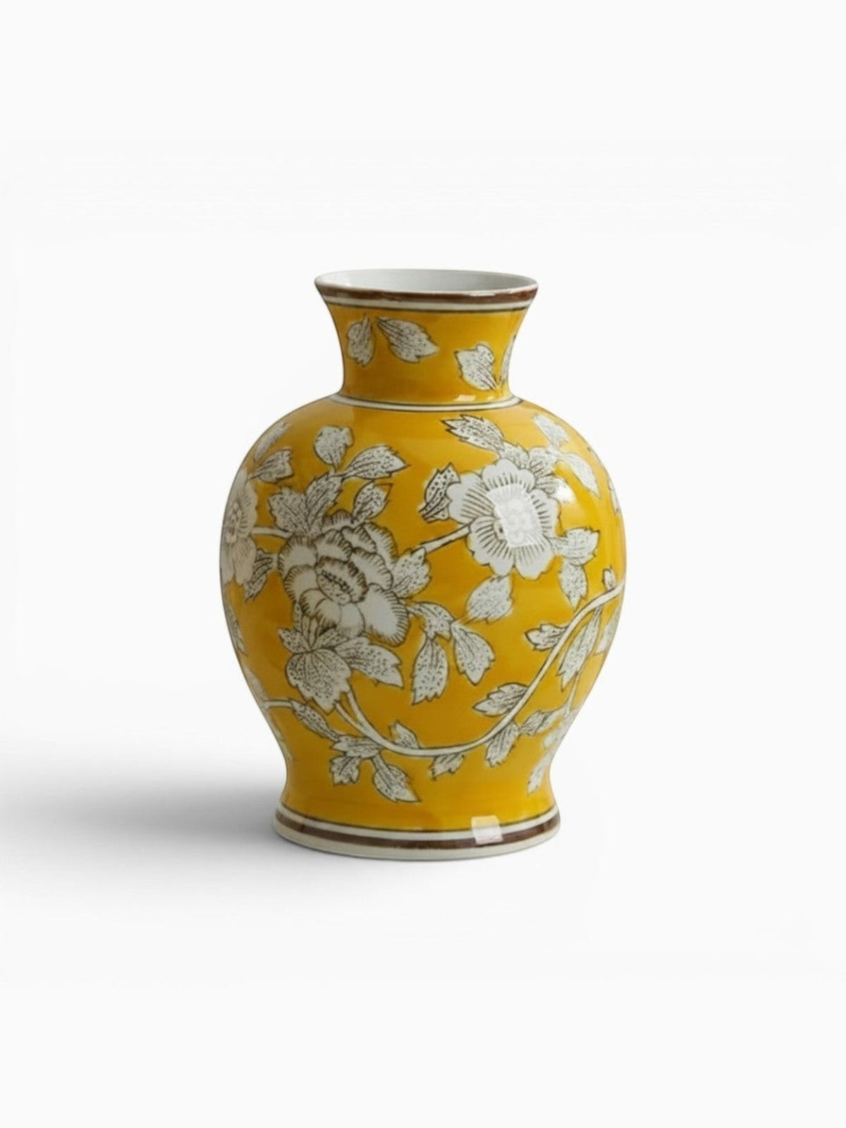 Vase chinois en céramique jaune Ma boutique avec motif floral blanc et marron. Hauteur 30 cm.