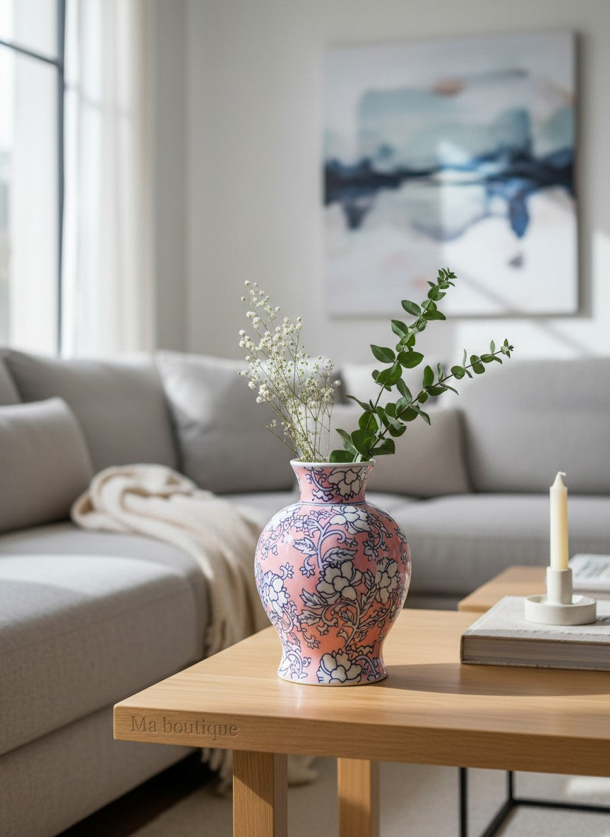 Vase chinois en céramique Ma boutique rose avec motif floral bleu et blanc. Finition brillante.