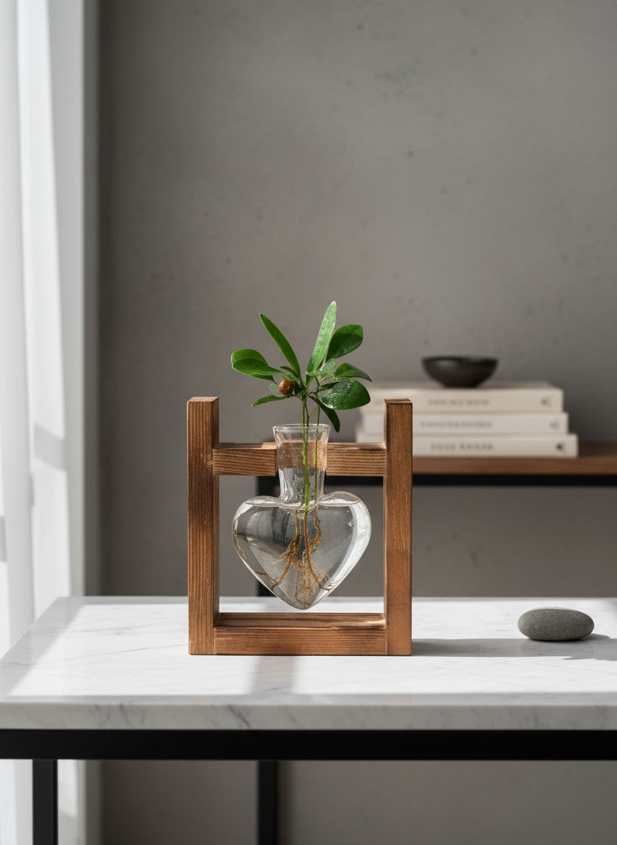 Ma boutique vase hydroponique en verre en forme de cœur avec support en bois, idéal pour les boutures et plantes.