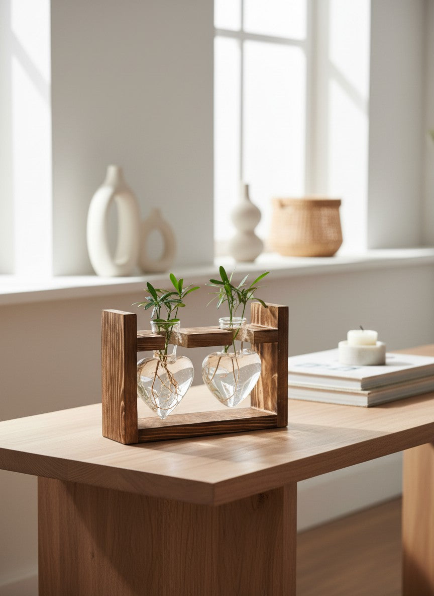 Ma boutique vase hydroponique en bois et verre en forme de cœur avec deux petites plantes