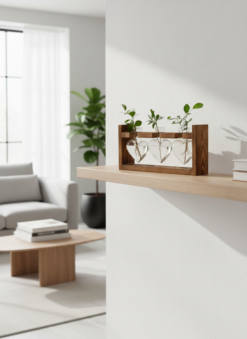 Ma boutique vase hydroponique en verre en forme de cœur sur support en bois avec trois petites plantes vertes