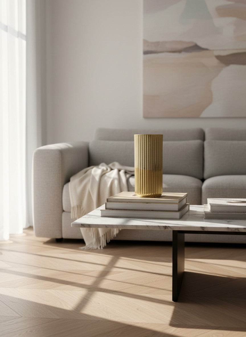 Ma boutique vase cylindrique doré en céramique avec finition brillante et relief vertical.
