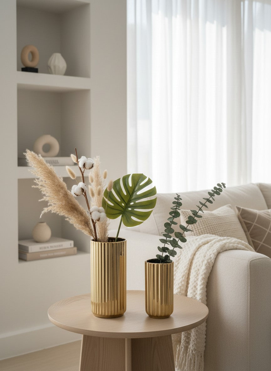 Ma boutique - Ensemble de 3 vases cylindriques dorés en céramique avec relief vertical.
