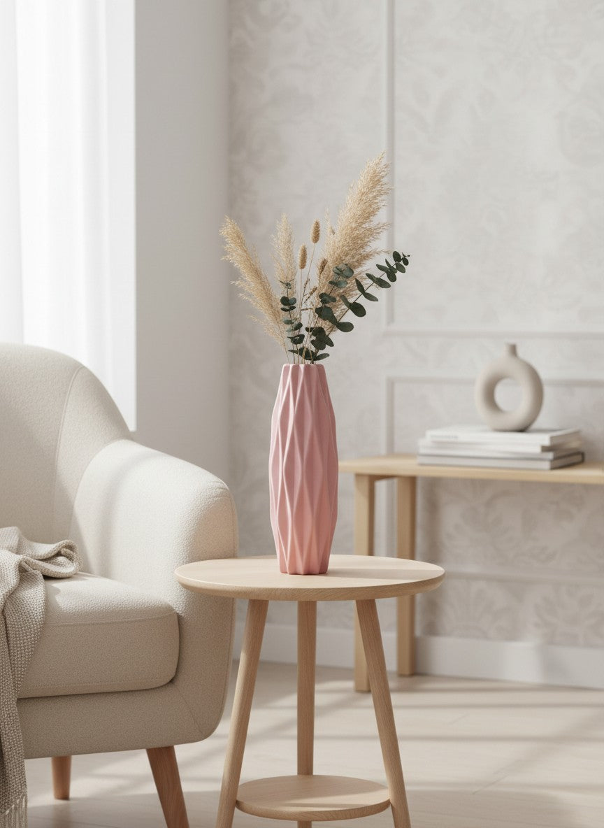 Ma boutique vase cylindrique rose poudré texturé avec relief géométrique moderne, idéal pour décoration intérieure.