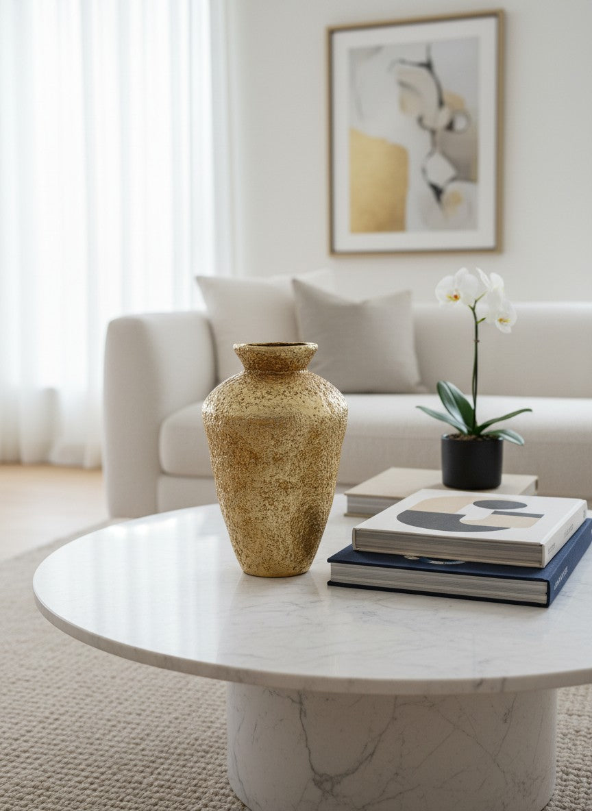 Ma boutique vase doré texturé effet antique en résine, idéal pour fleurs séchées ou comme objet déco.