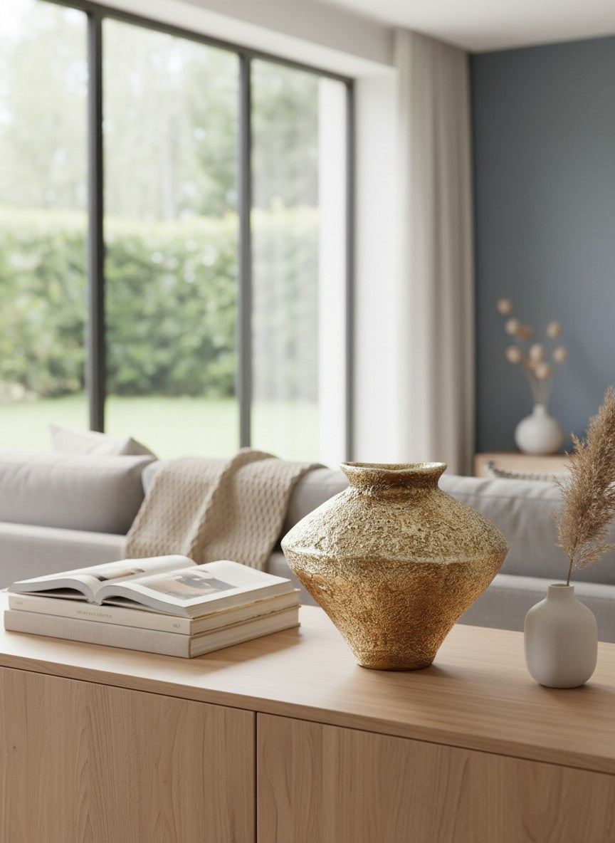 Vase Ma boutique doré texturé effet antique en résine, forme bombée, idéal pour décoration intérieure.