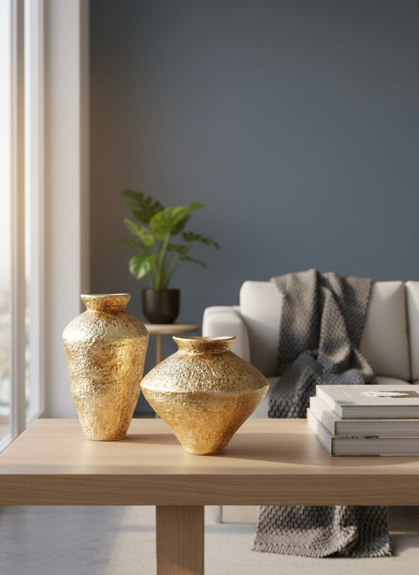 Ma boutique - Deux vases dorés texturés effet antique en résine, style rétro, idéaux pour décoration intérieure.